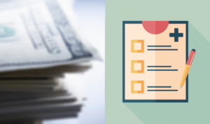 A graphic showing a stack of money on the left and a checklist on the right